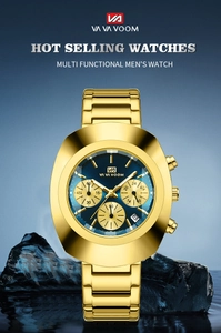 Detail showing multifunctional gold chronometer watch with blue dial on water surface
