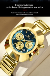 Detail of multi-functional men's gold watch with blue dial and diamond-cut glass