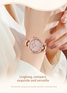 Close-up of rose gold hexagonal ladies watch with textured dial and mesh band on wrist