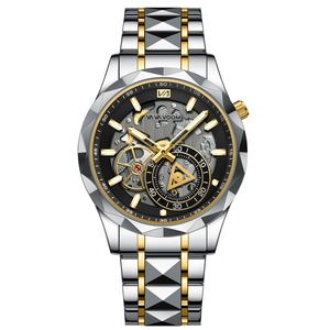 Men's skeletal watch with two-tone silver and gold steel strap and business design