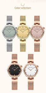 Close-up showing colorful hexagonal women's watches with wave textures and crystal markers