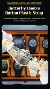 Detail eines Uhrenarmbands mit Marmormuster, Butterfly-Schließe und ergonomischem Design
