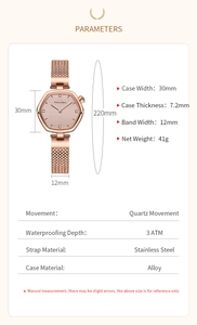 Detail view showing slim 30mm hexagonal watch case and rose gold mesh strap specs