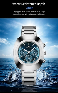 Detail of tonneau quartz watch with 3Bar water resistance showing splashing water effect