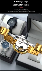 Detail of golden stainless steel watch band featuring a secure butterfly clasp mechanism