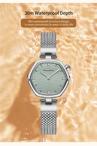 Detail of Hannah Martin waterproof hexagon watch with green wave dial on water background