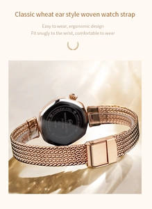 Close-up of rose gold Milanese mesh strap with wheat ear weaving for women watch
