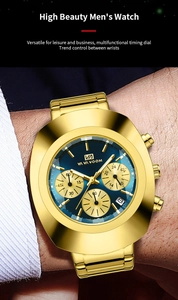 Detail of blue sunray dial chronograph watch with gold stainless steel strap on wrist