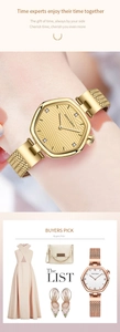 Detail of Hannah Martin gold watch featuring a textured hexagonal dial and mesh strap