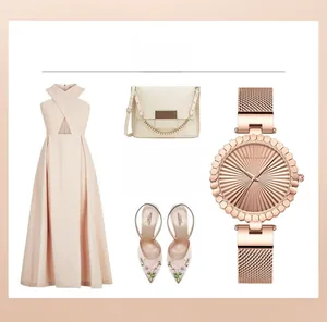 Rose gold quartz watch paired with a light pink dress and beige crossbody bag set