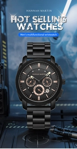 Close-up of black multi-function men's watch with rose gold indices and date window