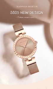 Detail of rose gold mesh strap and wave-edged dial on luxury ladies quartz watch