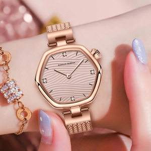 Minimalist ultra-thin rose gold hexagonal women watch with pink dial and mesh strap