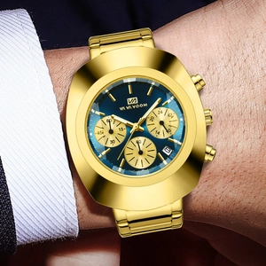 Men's gold stainless steel quartz watch with blue chronograph dial and date window display