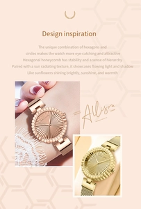 Macro detail of fashionable rose gold women watch featuring a unique hexagonal honeycomb bezel