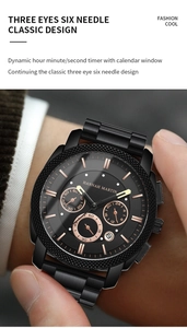 Detailed view of matte black multifunctional chronograph watch with rose gold hands and markers