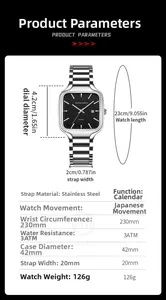 Detailed specifications of square luminous quartz watch with 42mm case and 3ATM waterproof