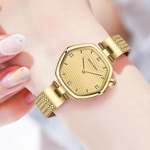 Elegant gold women's watch with a hexagonal case and textured dial with crystal markers