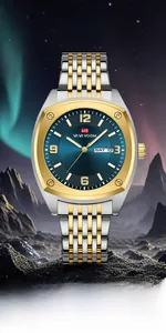 Detail of quartz business watch with blue sunray dial and dual calendar display feature