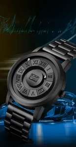 Macro detail of magnetic ball bearing dial on black matte futuristic mens watch