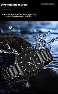 Dynamic splash display of square black waterproof quartz watch with luminous calendar dial