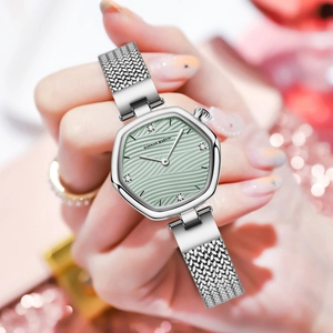 Minimalist silver mesh strap watch with light green octagonal dial for women