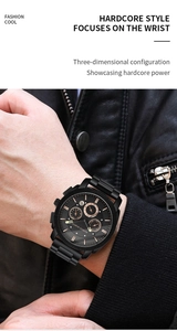 Detail of men's black stainless steel watch with rose gold indices on model wrist