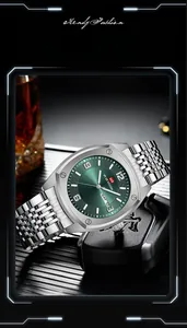 Detailed close-up of VAVAVOOM mens watch with green dial and double calendar display