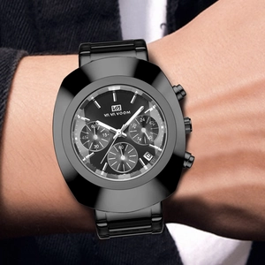 Sleek all-black men's chronograph quartz watch with multi-functional sub-dials and date