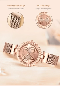 Detail of rose gold stainless steel mesh strap and minimalist textured dial watch