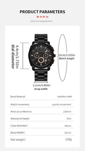 Detailed size chart for men's waterproof quartz watch with stainless steel band specs