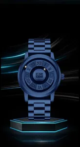 Detail view of magnetic ball watch with 30GS strong magnet technology and steel strap