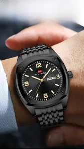 Close-up of VA VA VOOM men's business watch with black sunray dial and day-date display