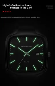 Detail showing the luminous green markers and date window on a square black quartz watch
