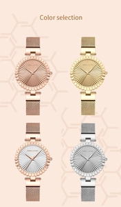 Selection of mesh strap watches with hexagonal bezels in rose gold, silver and gold tones