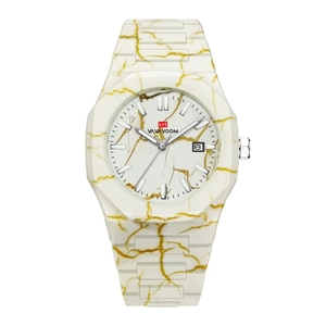 Fashionable octagonal women's watch with white marble texture and silver date display