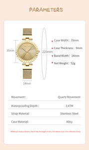 Detailed spec sheet showing 35mm gold women's quartz watch dimensions and technical data