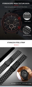 Macro view of men's quartz watch with black mesh texture bezel and steel strap