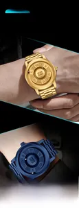 Detail view of magnetic ball watch with roman numeral scales in gold and blue metal