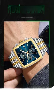 Close-up of a square chronograph watch with blue dial and steel strap on a male wrist