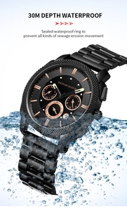 Men's waterproof steel watch submerged in water showing 30M water resistance