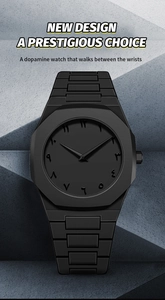 Detail of matte black octagonal bezel watch with unique Arabic Eastern numerals dial