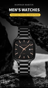 Macro shot of square quartz watch dial with rose gold markers on dark stone