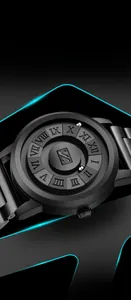 Macro view of magnetic ball watch showing outer and inner tracks with Roman numerals