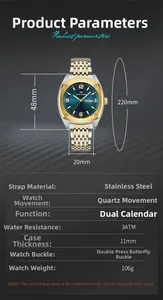 Detail view of the men business quartz watch with dimensions and 3ATM waterproof specs