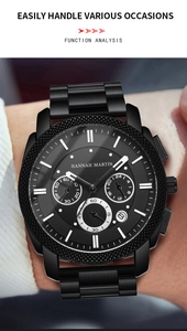 Close-up of men's black stainless steel watch with chronograph dial and date window