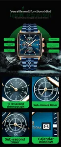 Detail view of square multifunctional chronograph watch with blue dial and steel strap