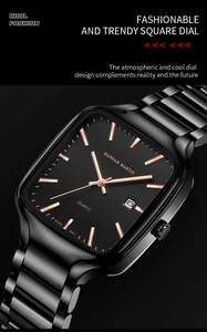 Detail view of square black dial watch with rose gold indices and date window