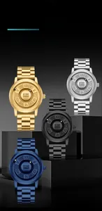 Close-up of magnetic ball watches in gold, silver, blue, and black with metal link bands