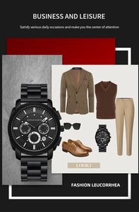 Men's business quartz watch with three-eye chronograph dial and black steel strap lifestyle